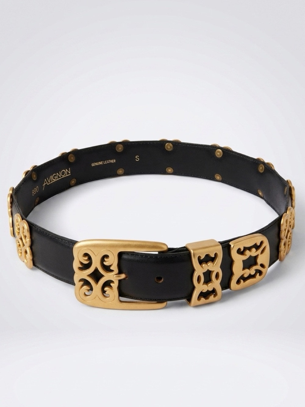 Avignon Leather Belt with ornate Gold Filigree hardware, S, black, 29